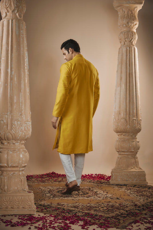 Sunglow yellow art silk mirror embroidered kurta set