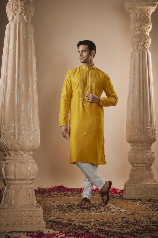 Sunglow yellow art silk mirror embroidered kurta set