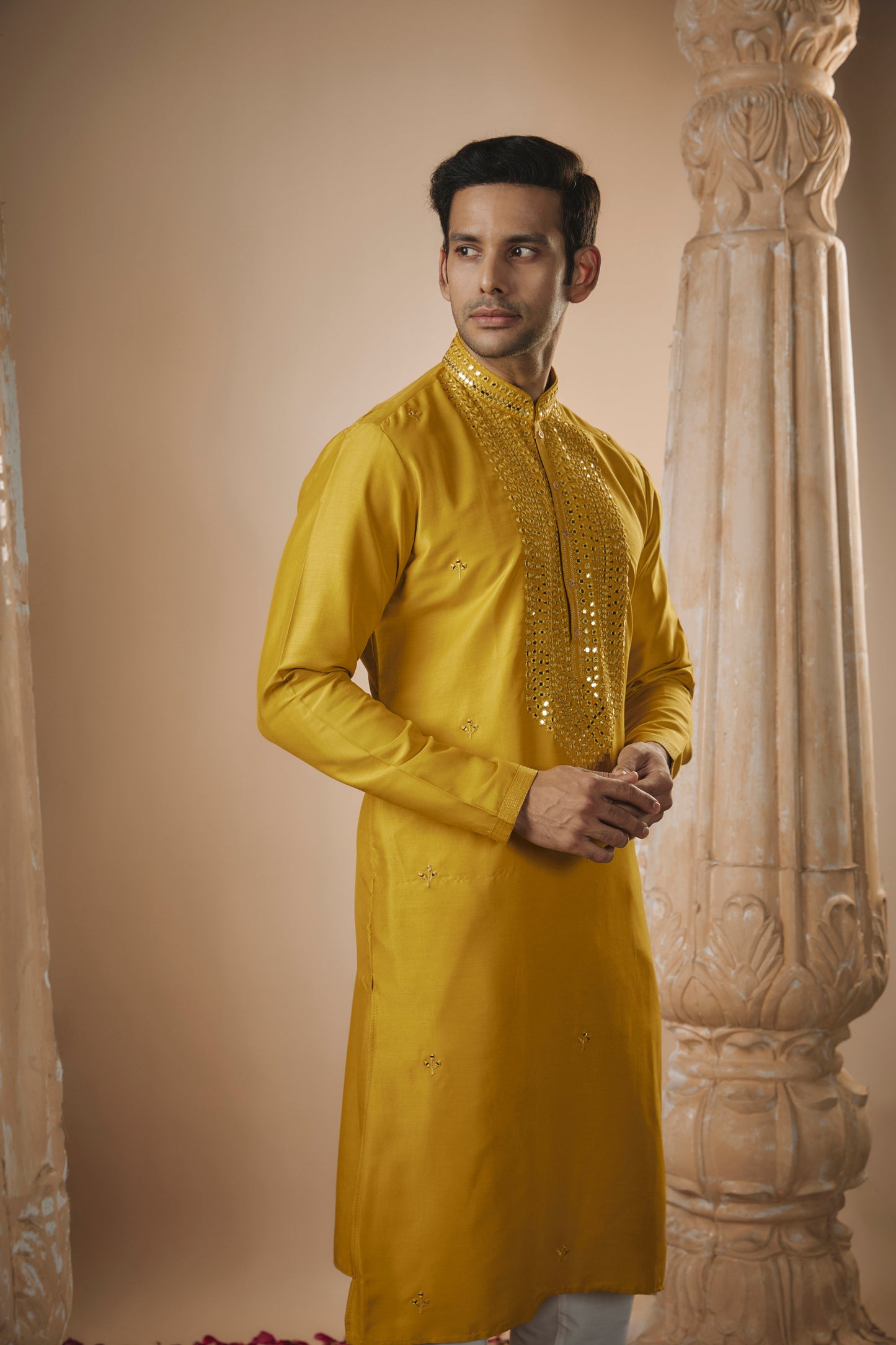 Sunglow yellow art silk mirror embroidered kurta set