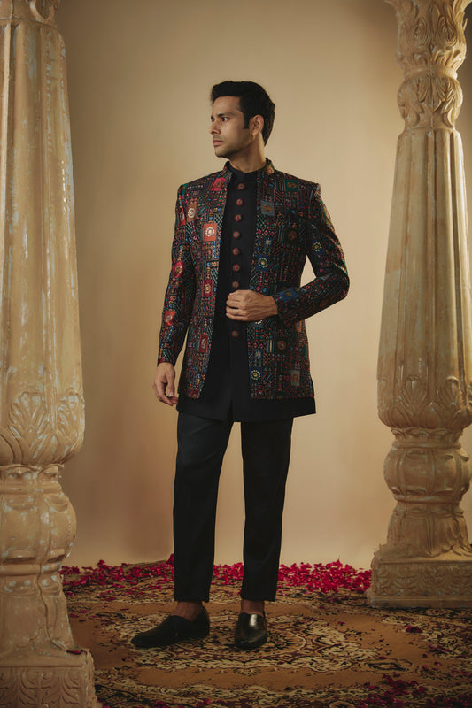 Sable black plain imported resham embroidered open jodhpuri set