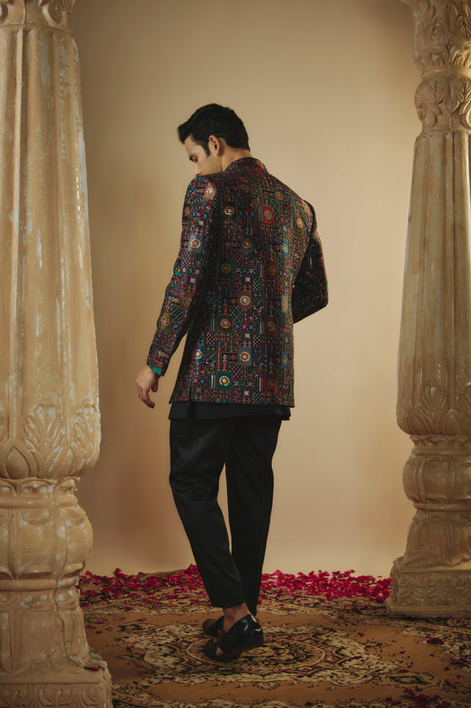 Sable black plain imported resham embroidered open jodhpuri set