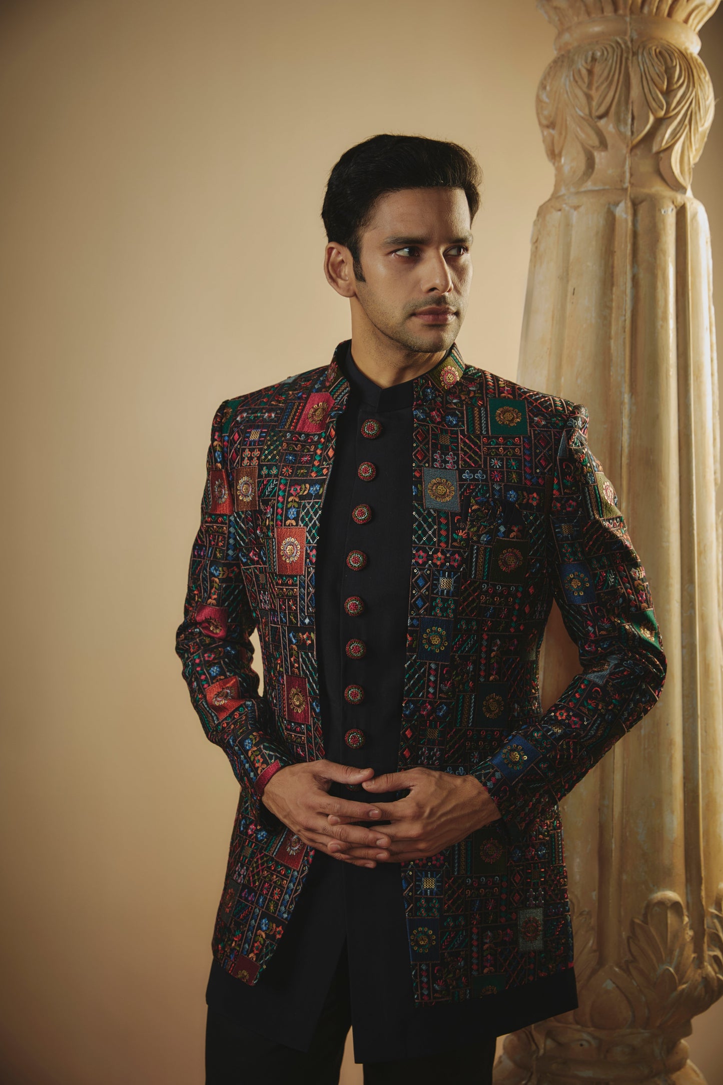 Sable black plain imported resham embroidered open jodhpuri set