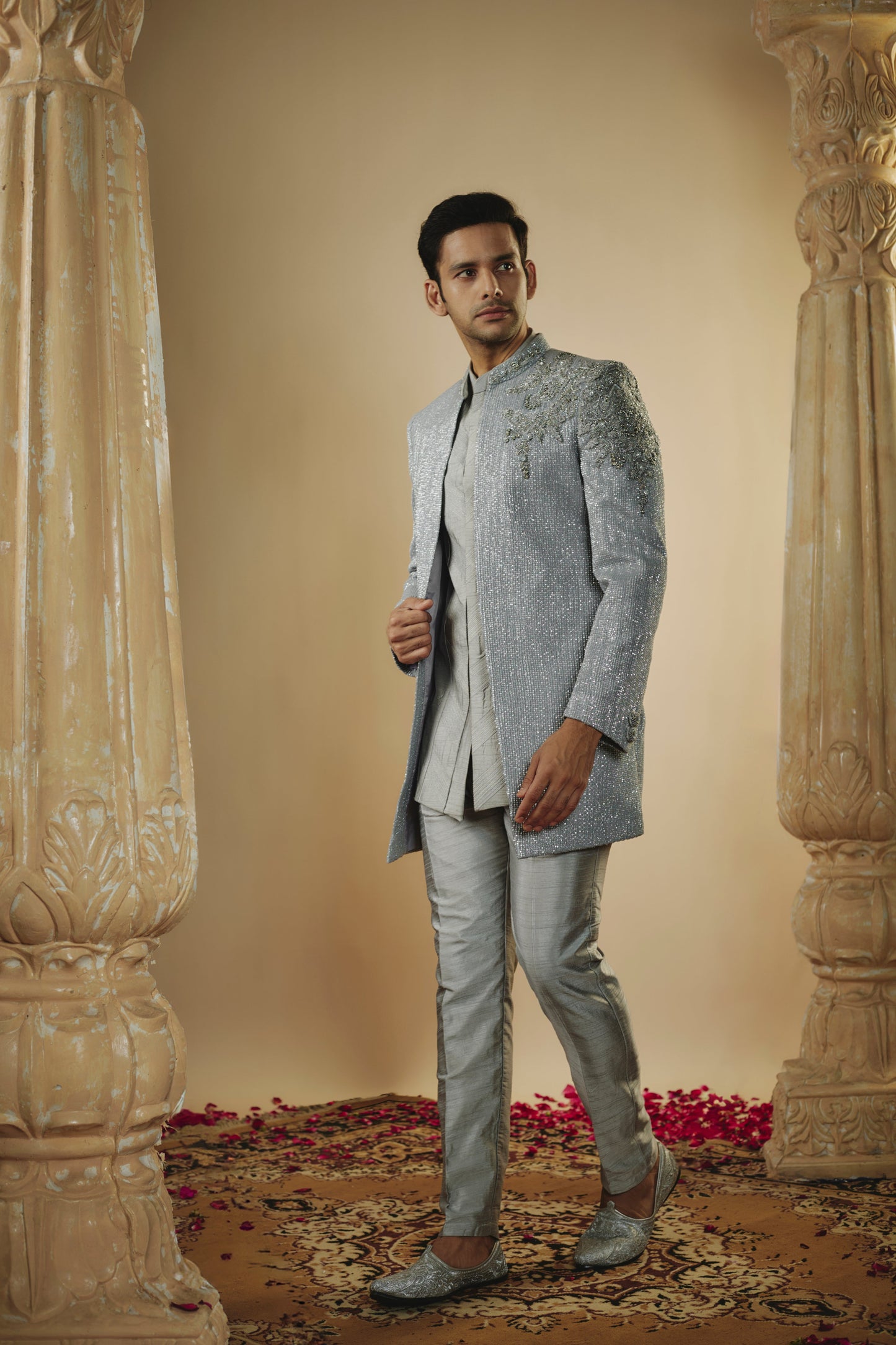 Steel grey art silk all over sequins open-indowestern set