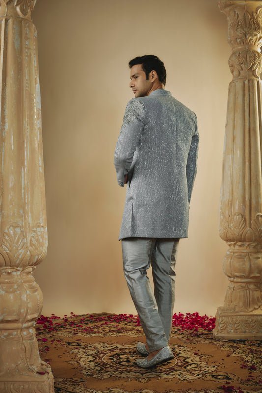 Steel grey art silk all over sequins open-indowestern set