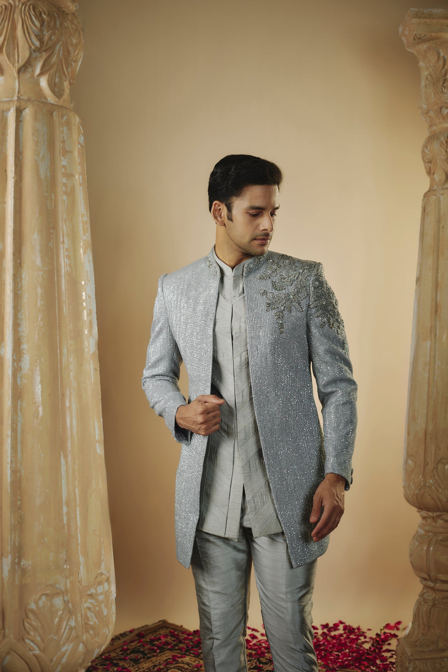Steel grey art silk all over sequins open-indowestern set