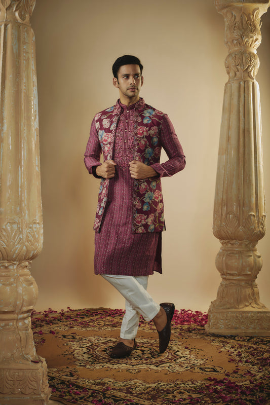 Maroon art silk mirror and thread embroidered kurta jacket set