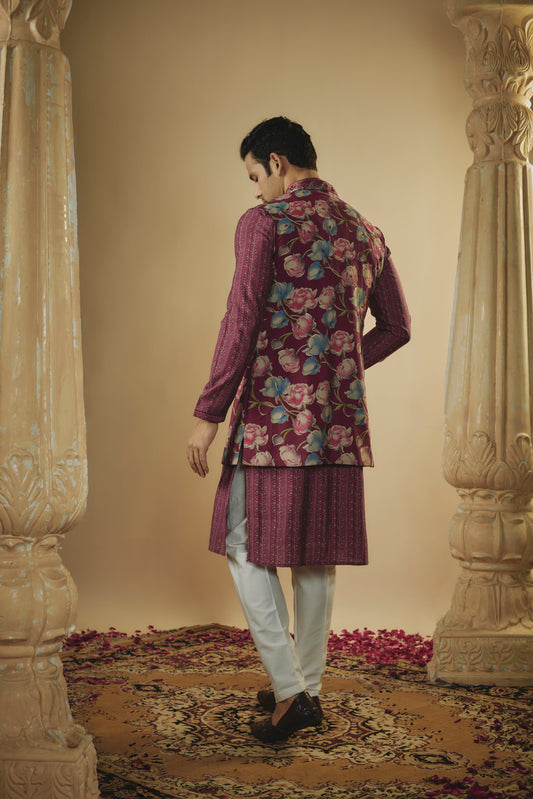 Maroon art silk mirror and thread embroidered kurta jacket set
