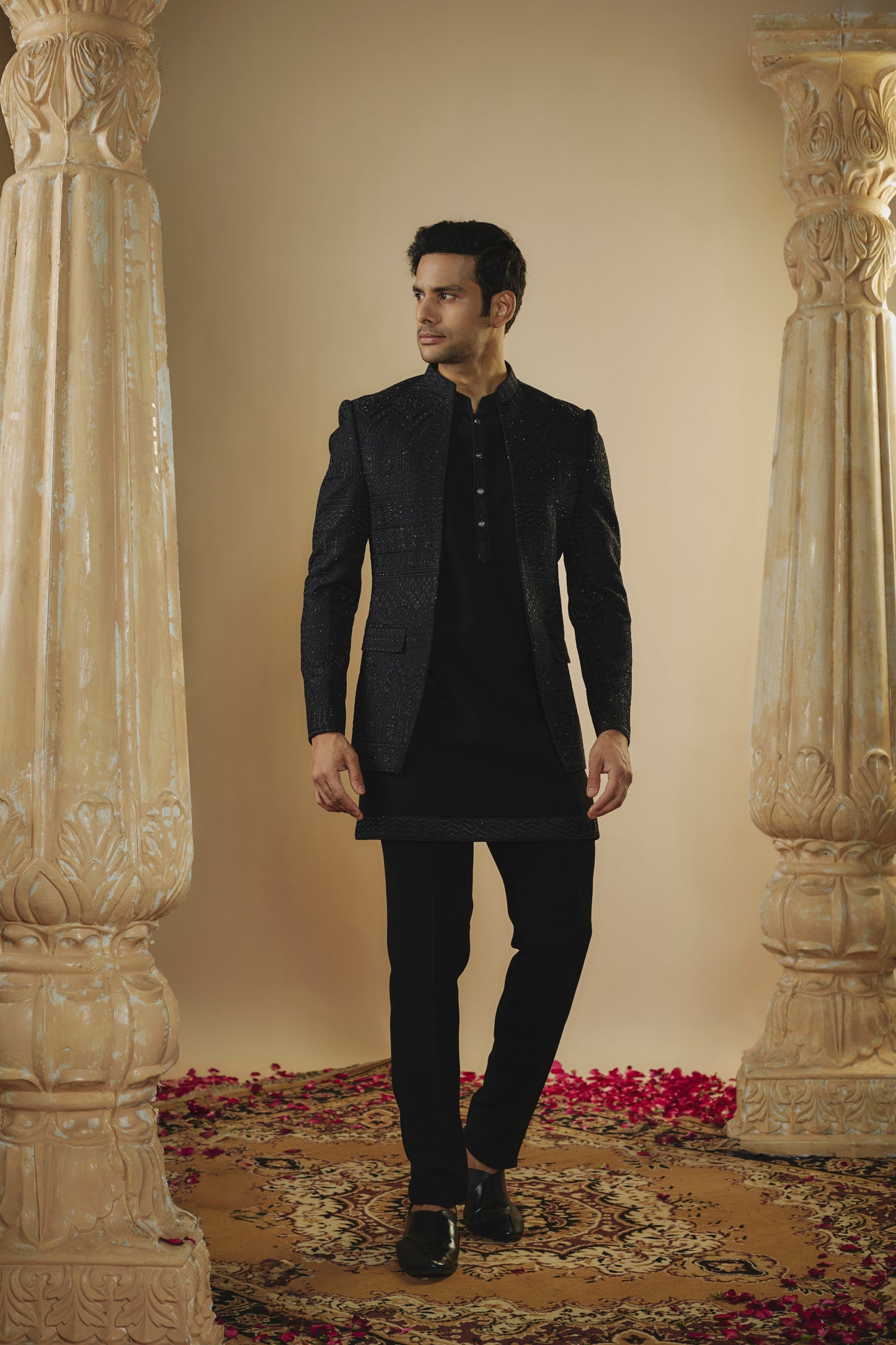 Jet black plain imported stone work open-indowestern set.