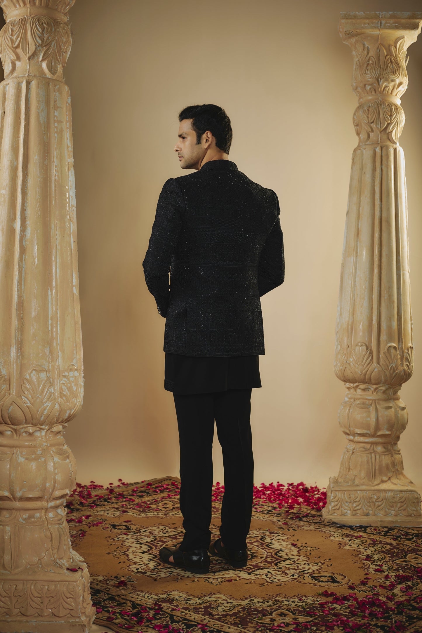 Jet black plain imported stone work open-indowestern set.