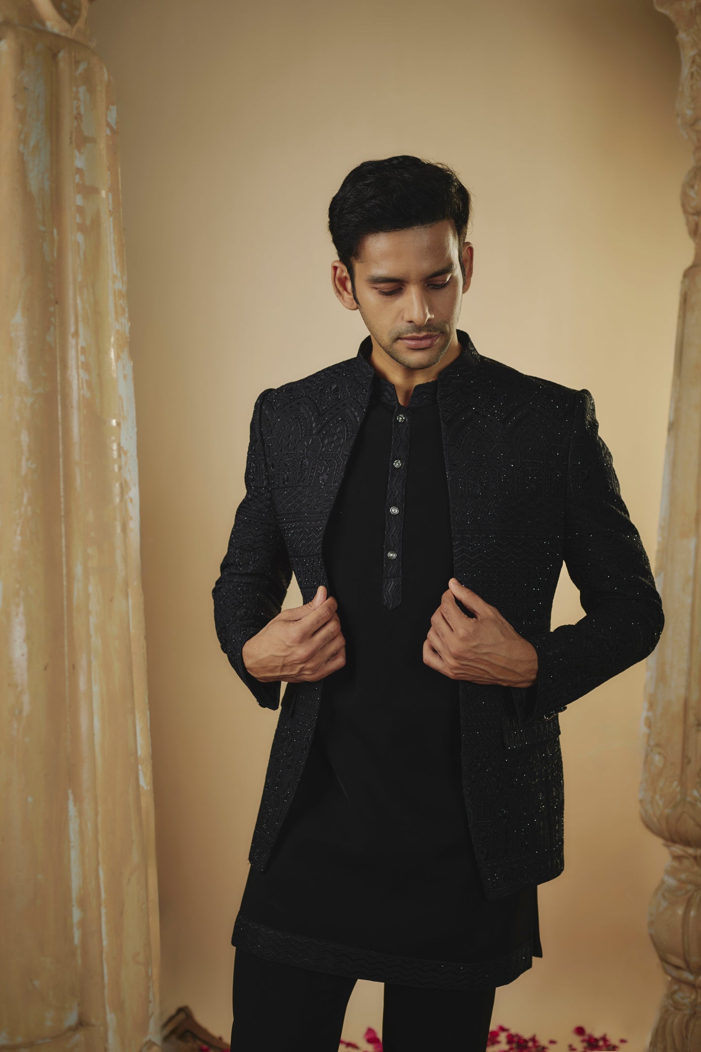 Jet black plain imported stone work open-indowestern set.