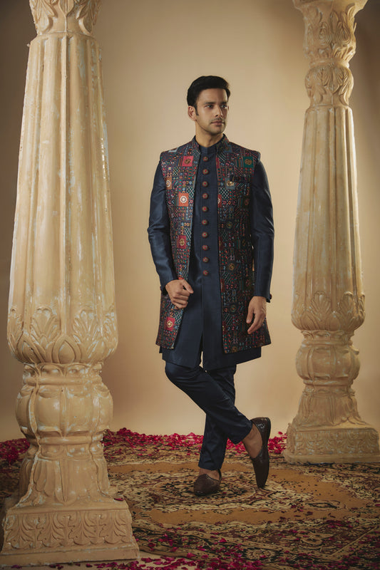 Navy blue plain imported resham embroidered open-indowestern set