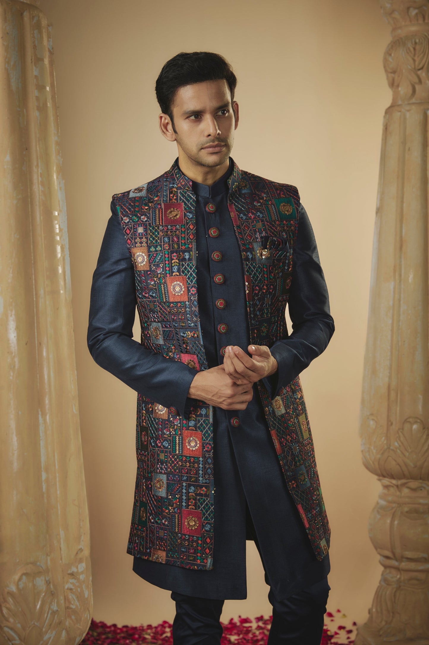 Navy blue plain imported resham embroidered open-indowestern set