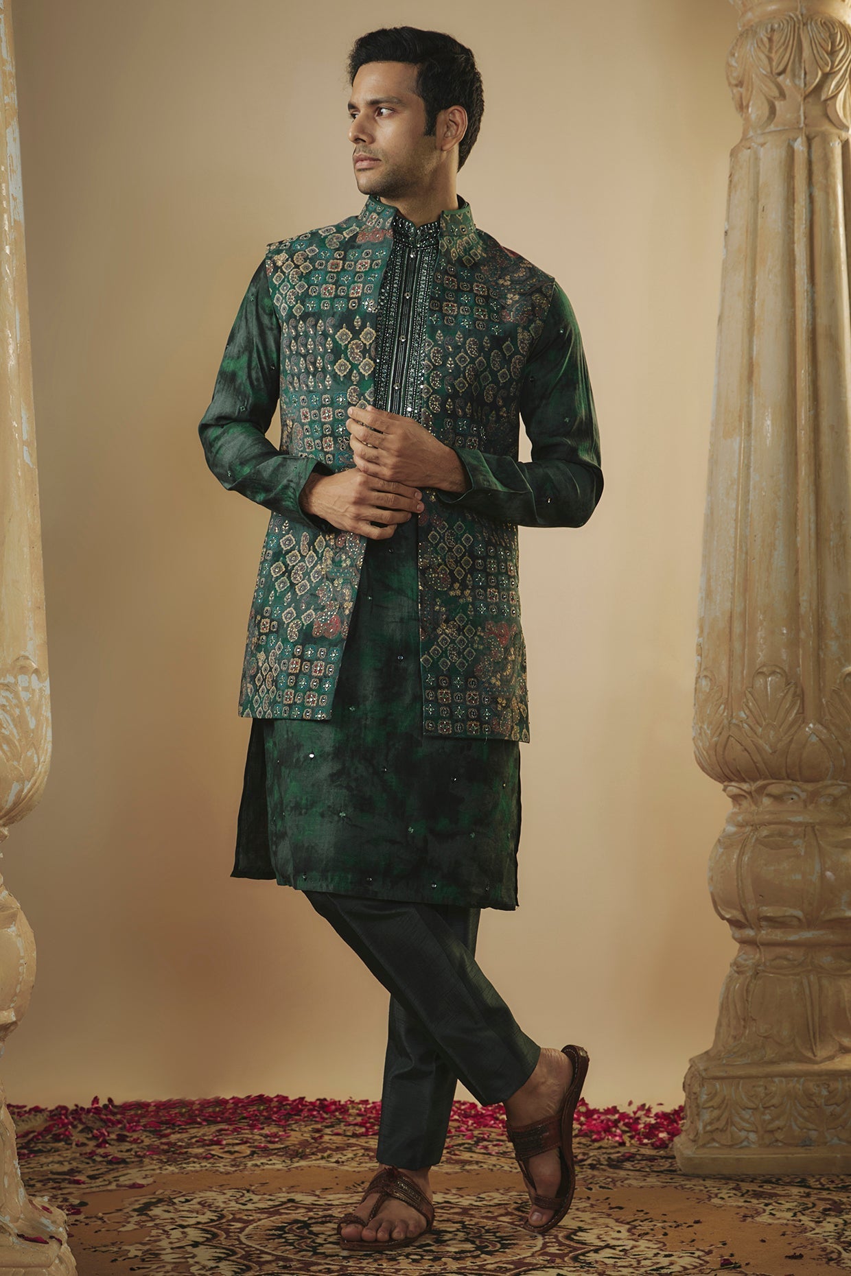 Castleton green art silk digital print open kurta jacket set