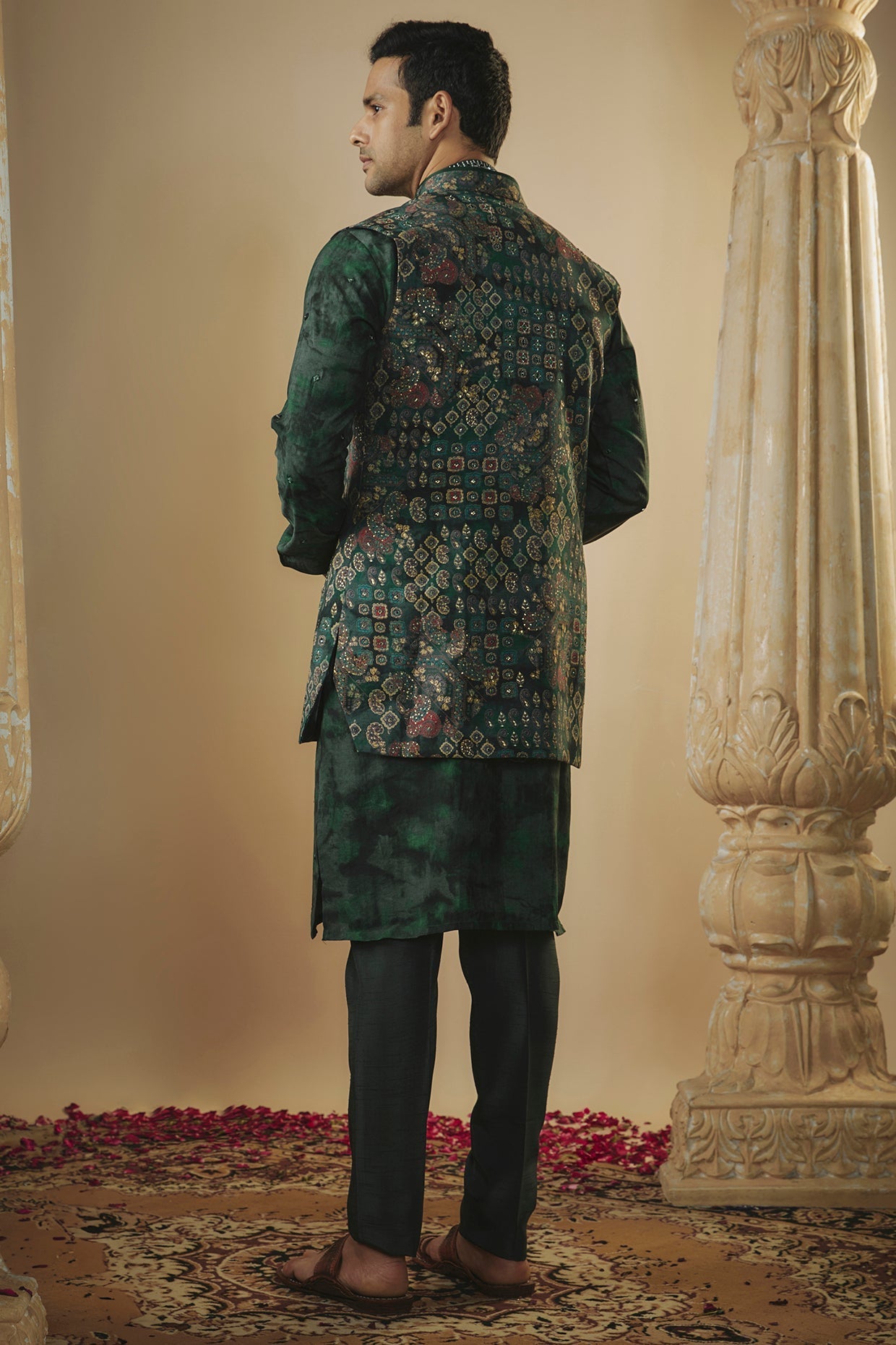 Castleton green art silk digital print open kurta jacket set