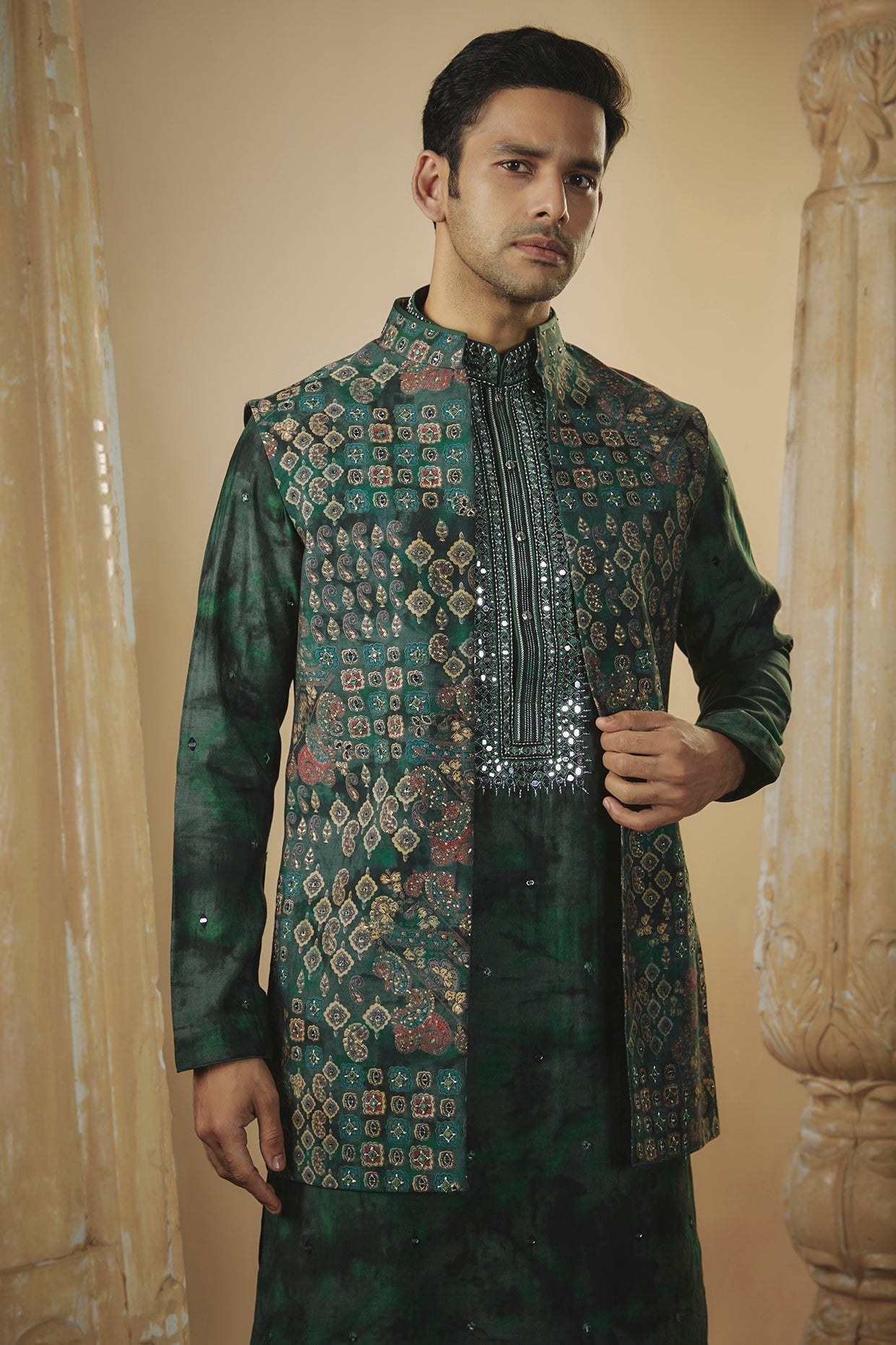 Castleton green art silk digital print open kurta jacket set