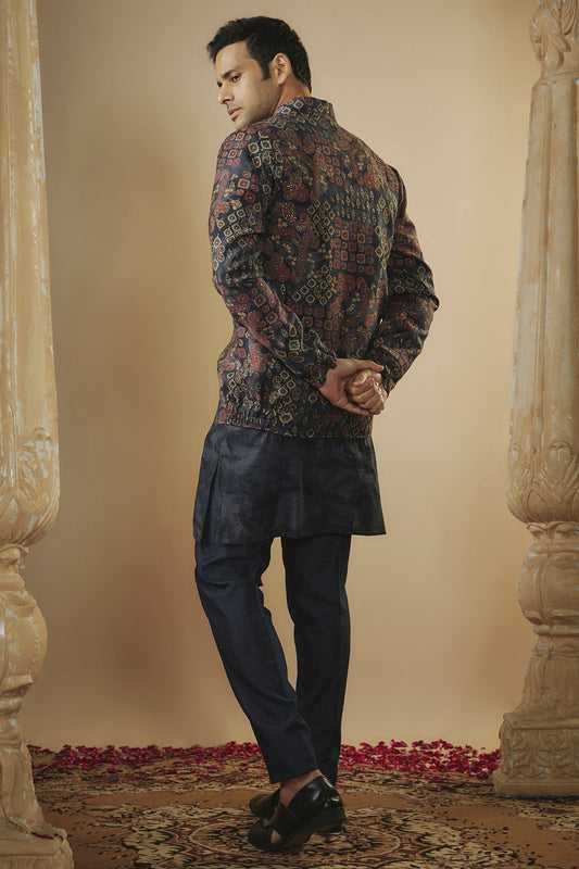 Midnight blue digital print art silk mirror and thread work kurta jacket set