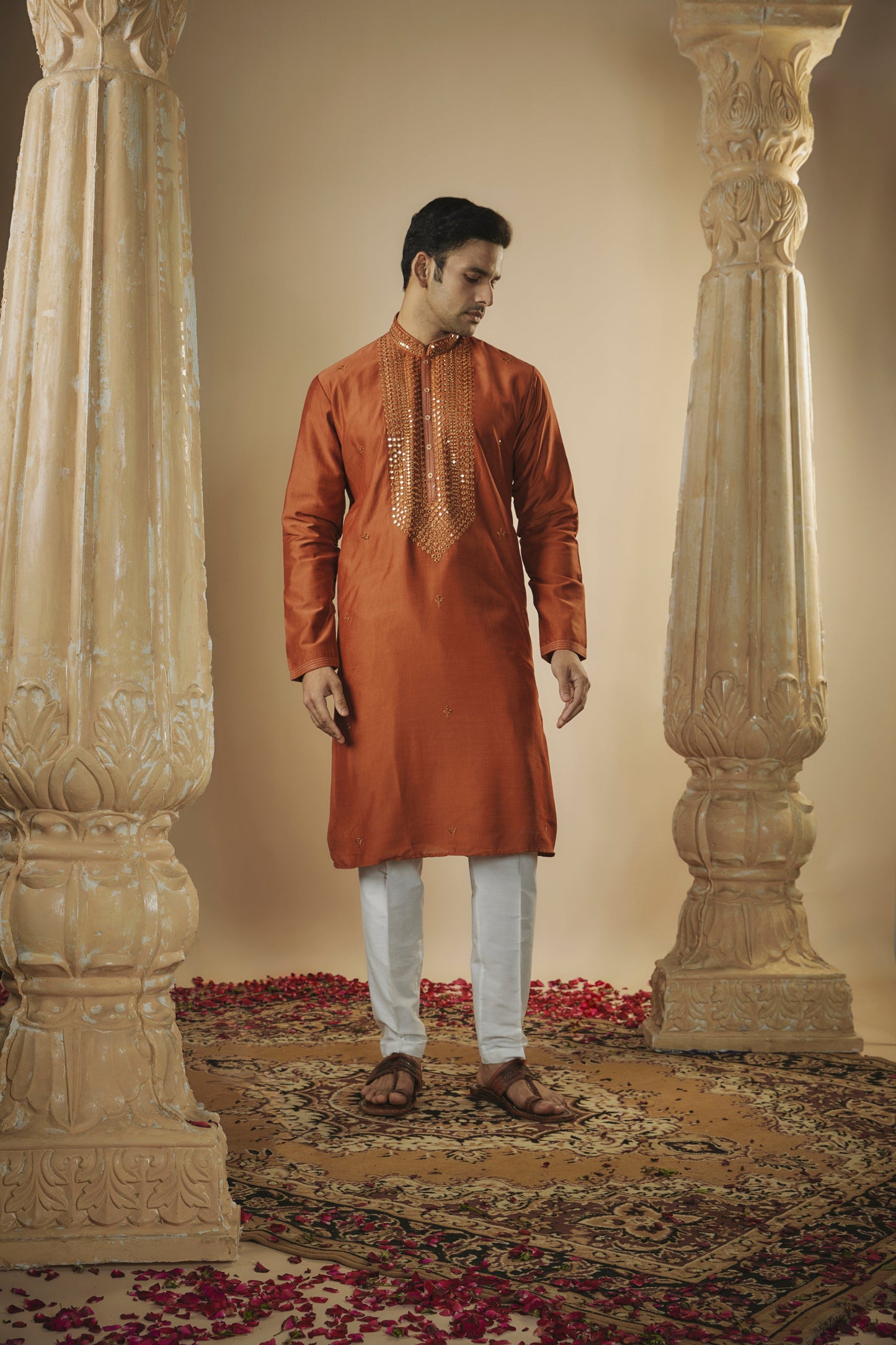 Brick red art silk mirror embroidered kurta set