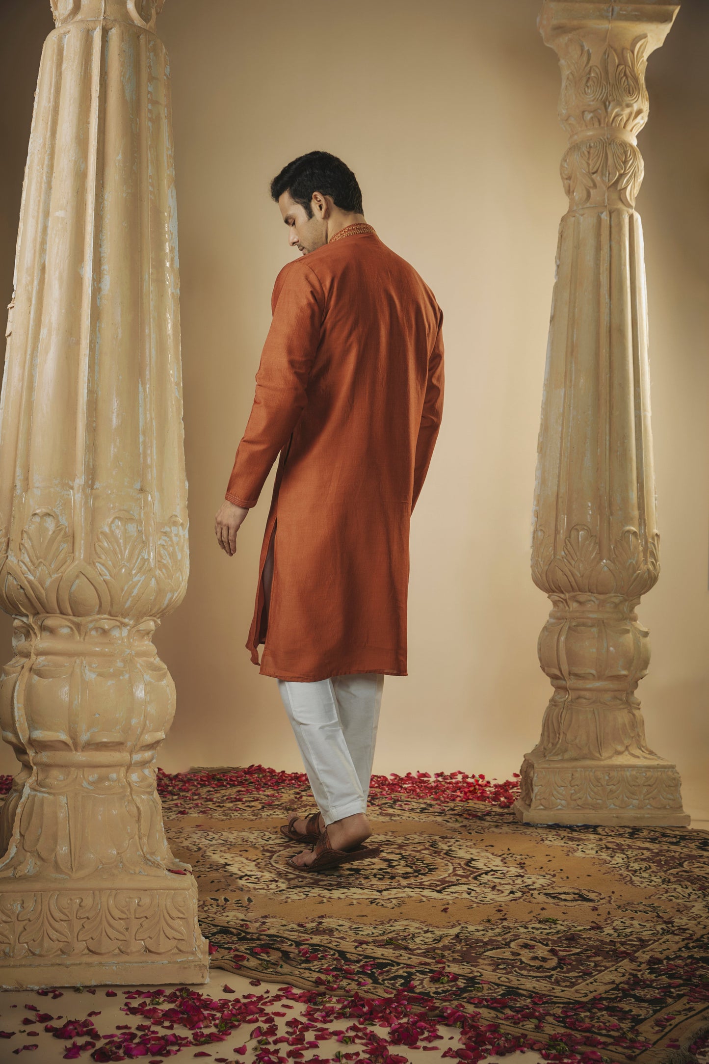 Brick red art silk mirror embroidered kurta set