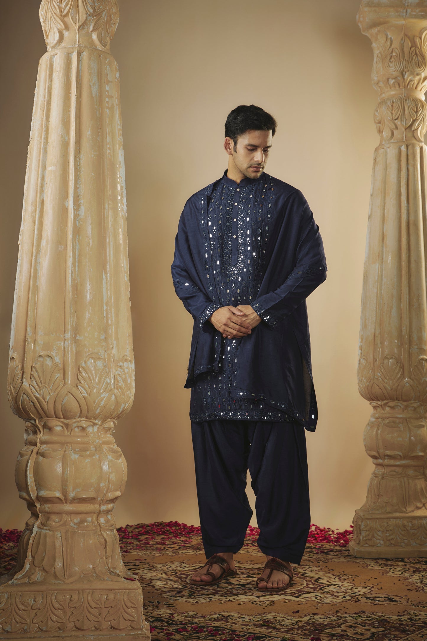 Midnight blue art silk mirror embroidered patiala suit set