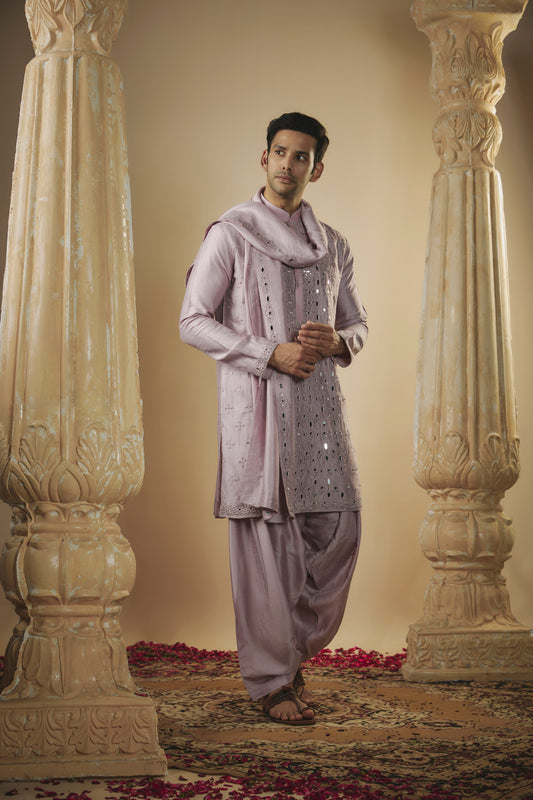 Pale mauve art silk mirror embroidered patiala suit set