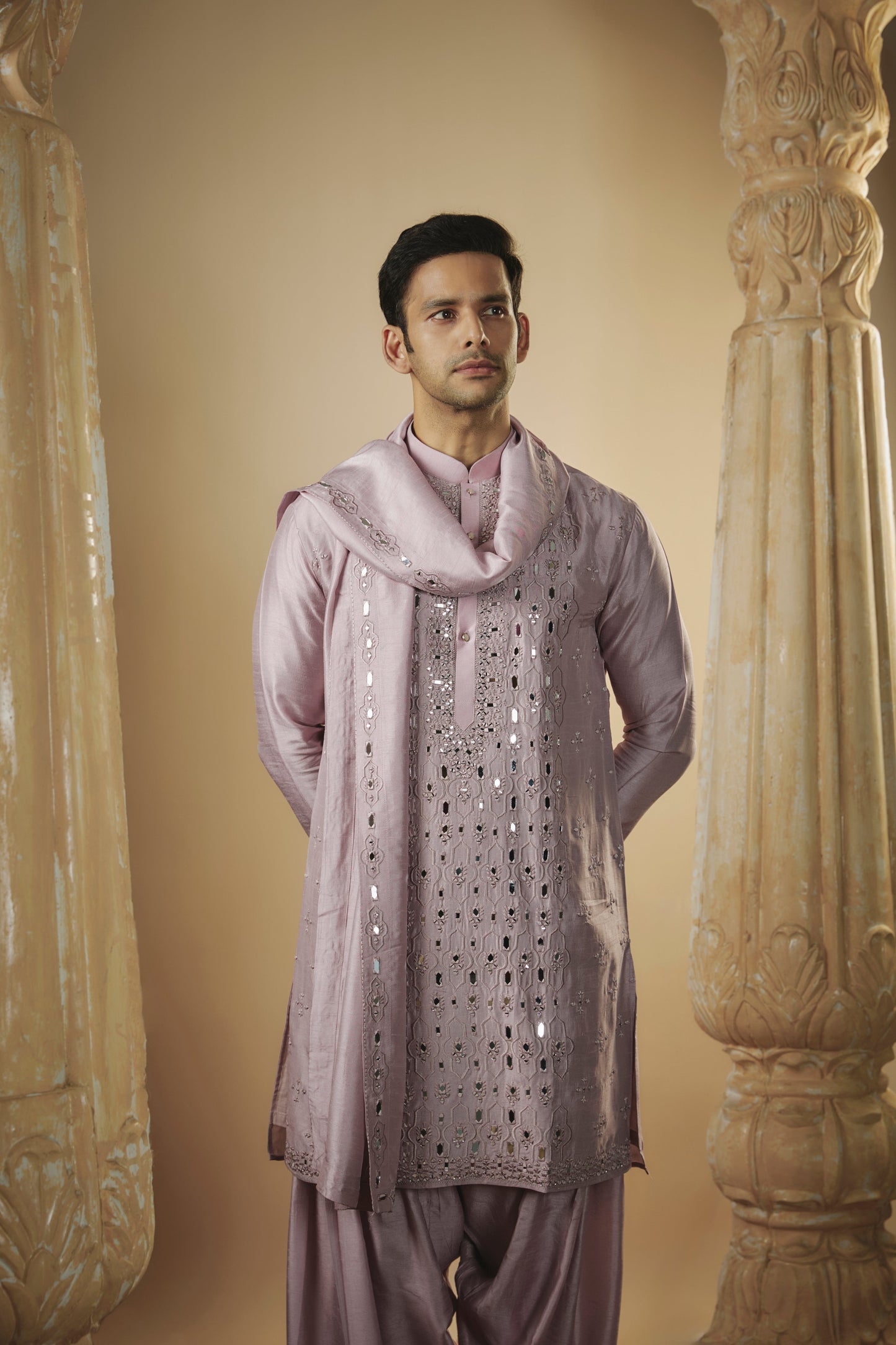 Pale mauve art silk mirror embroidered patiala suit set