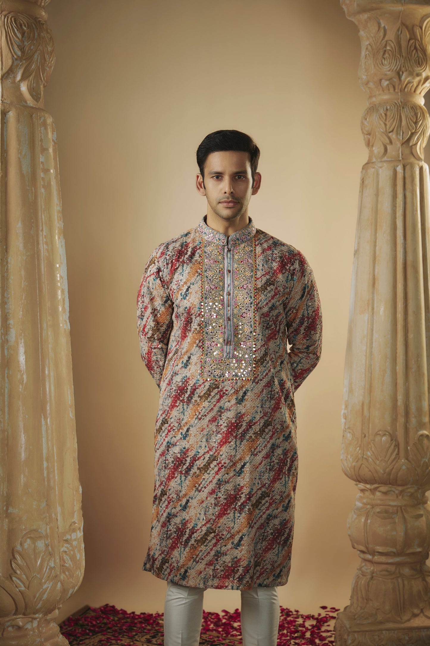 Multicoloured lucknowi digital print sequinned kurta set