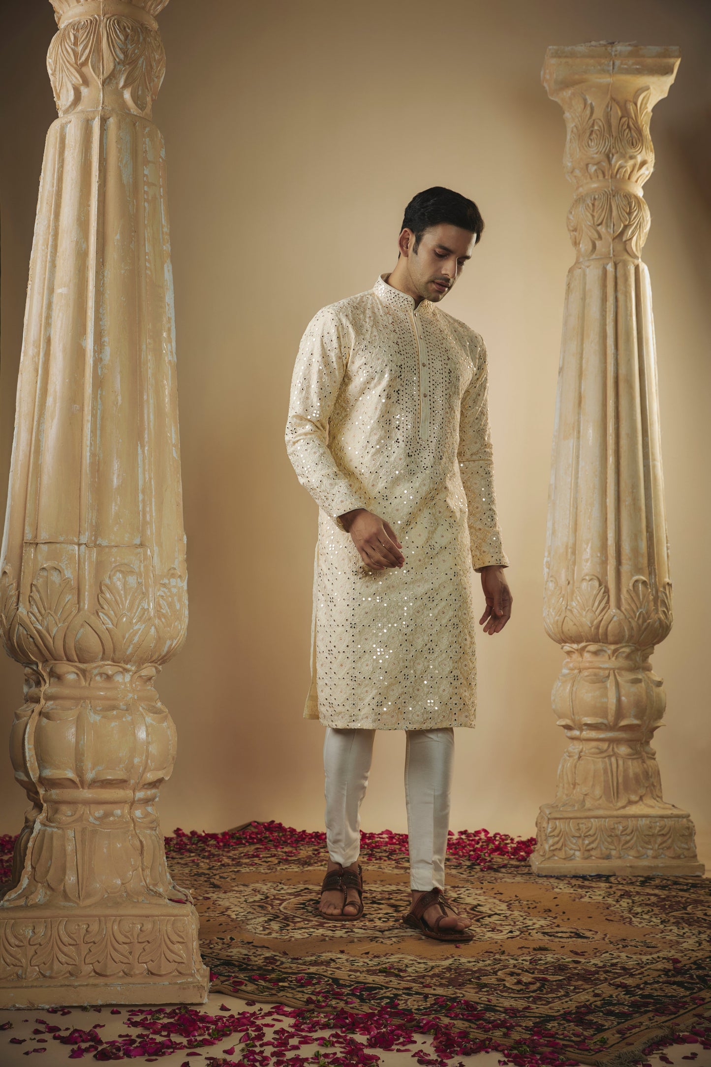 Light lemon lucknowi mirror embellished kurta set