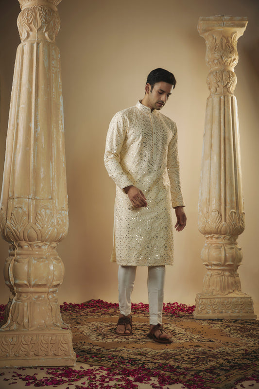 Light lemon lucknowi mirror embellished kurta set