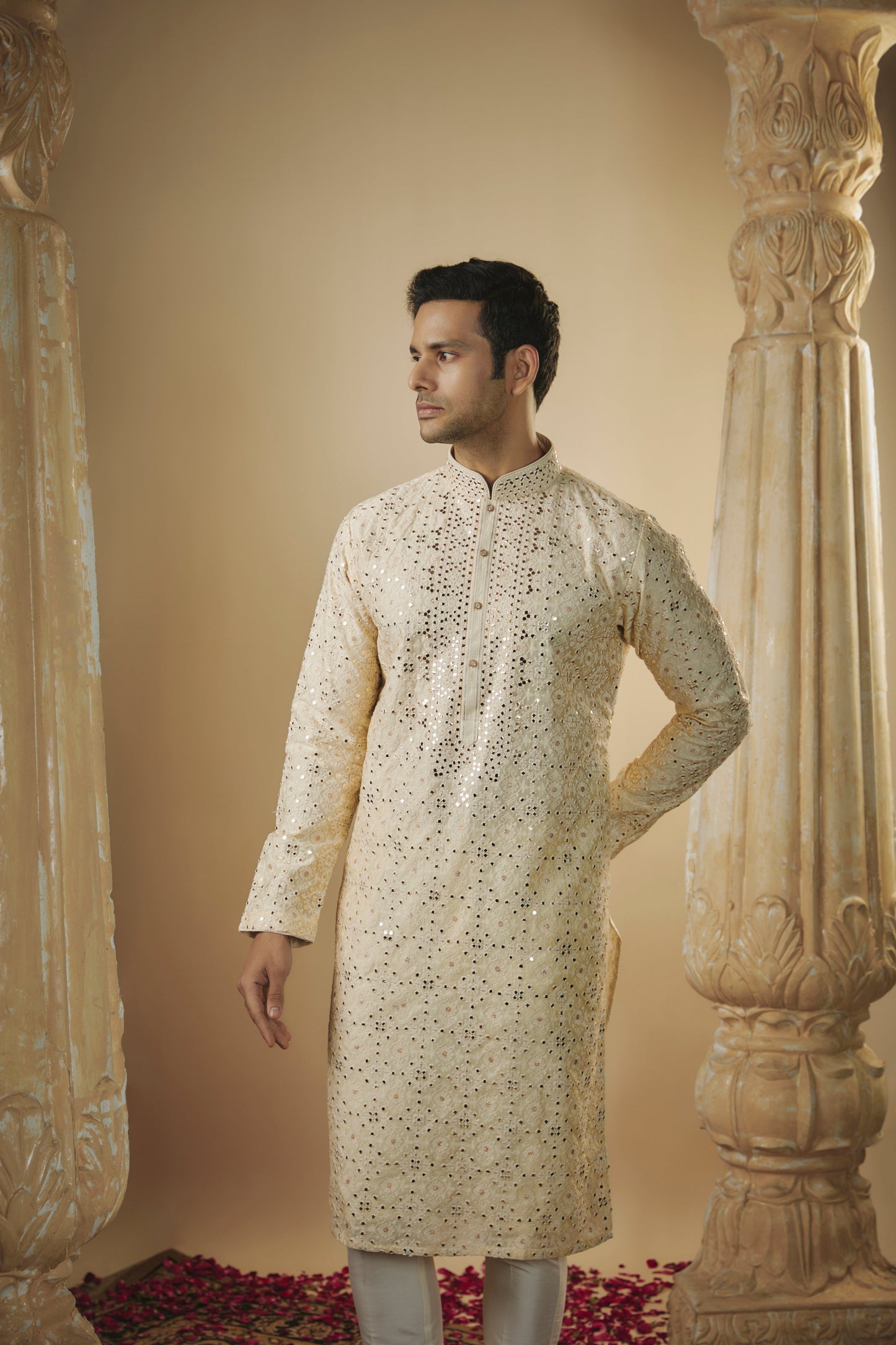 Light lemon lucknowi mirror embellished kurta set