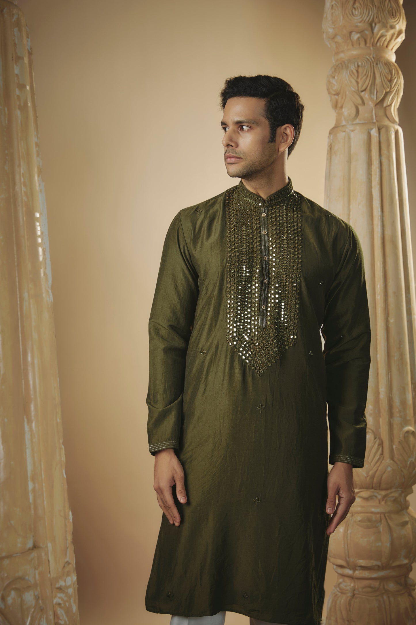 Mehendi green art silk mirror embroidered kurta set