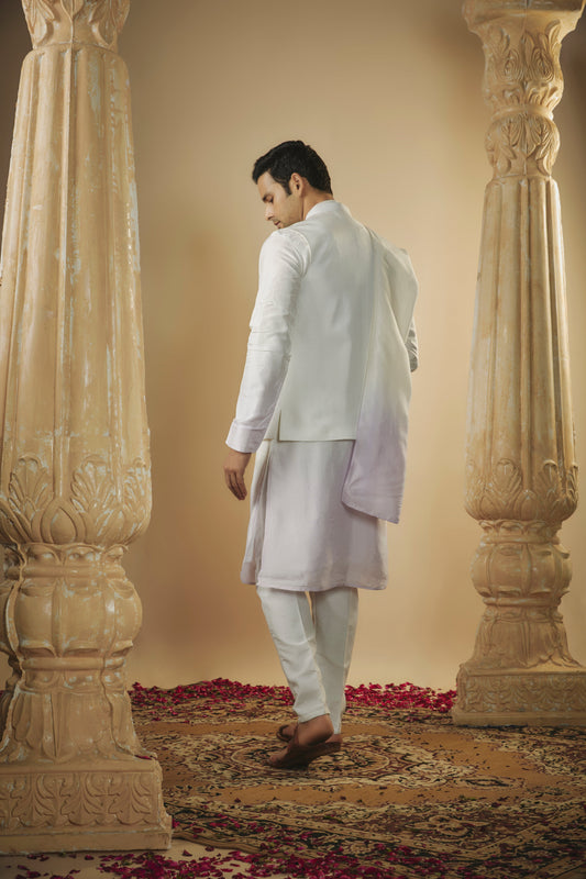 White lavender ombre art silk kurta jacket set