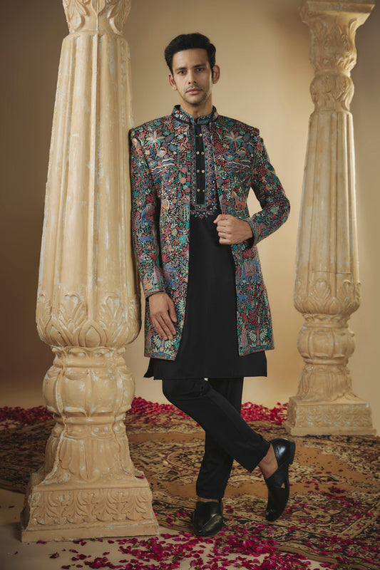 Jade black imported resham embroidered indo-western set