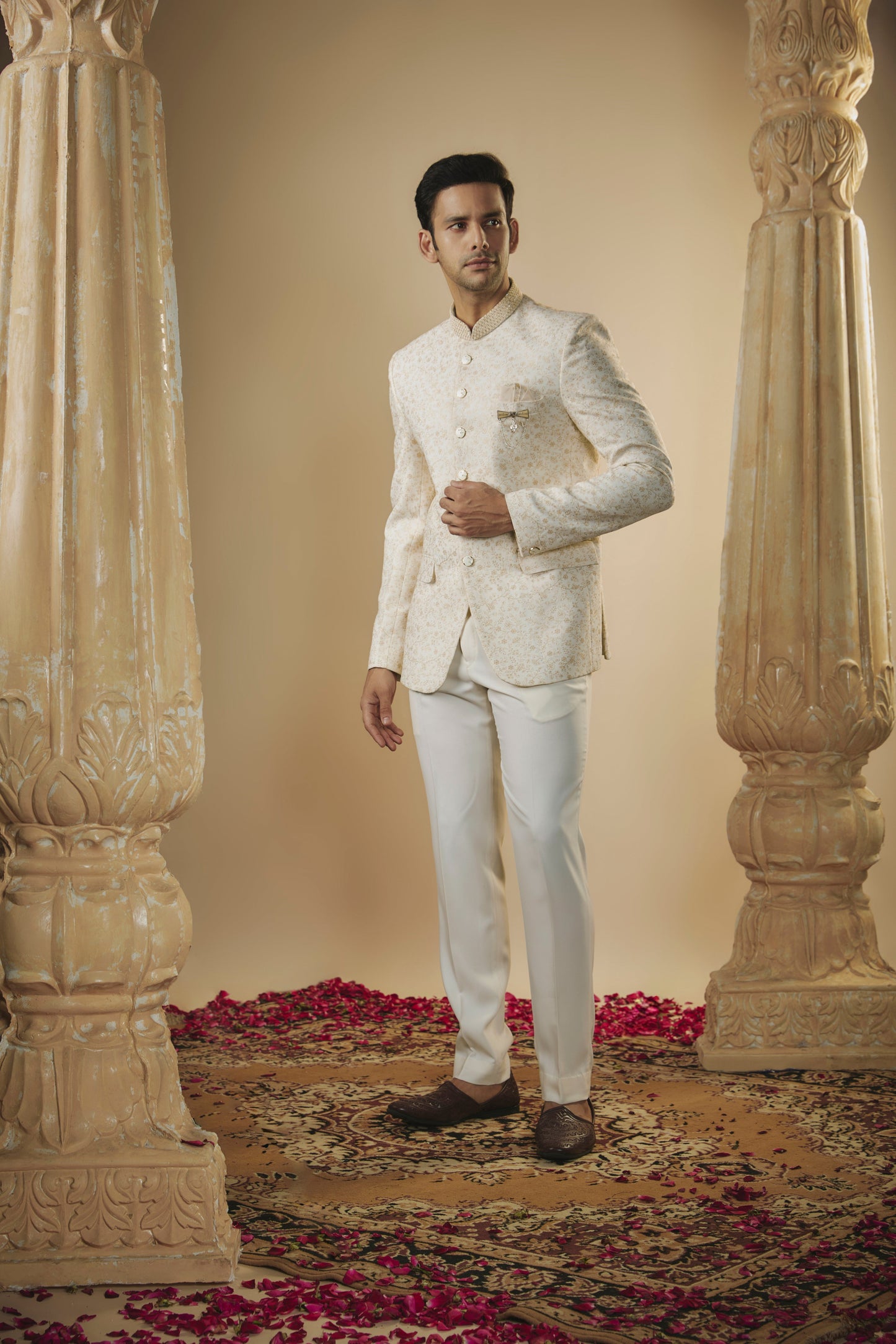 Imported beige white resham work jodhpuri set