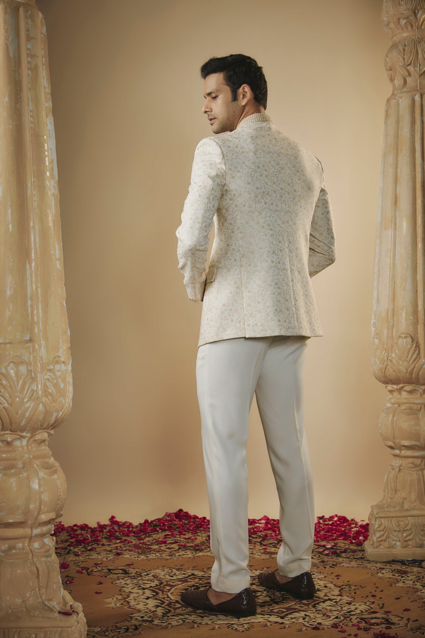 Imported beige white resham work jodhpuri set