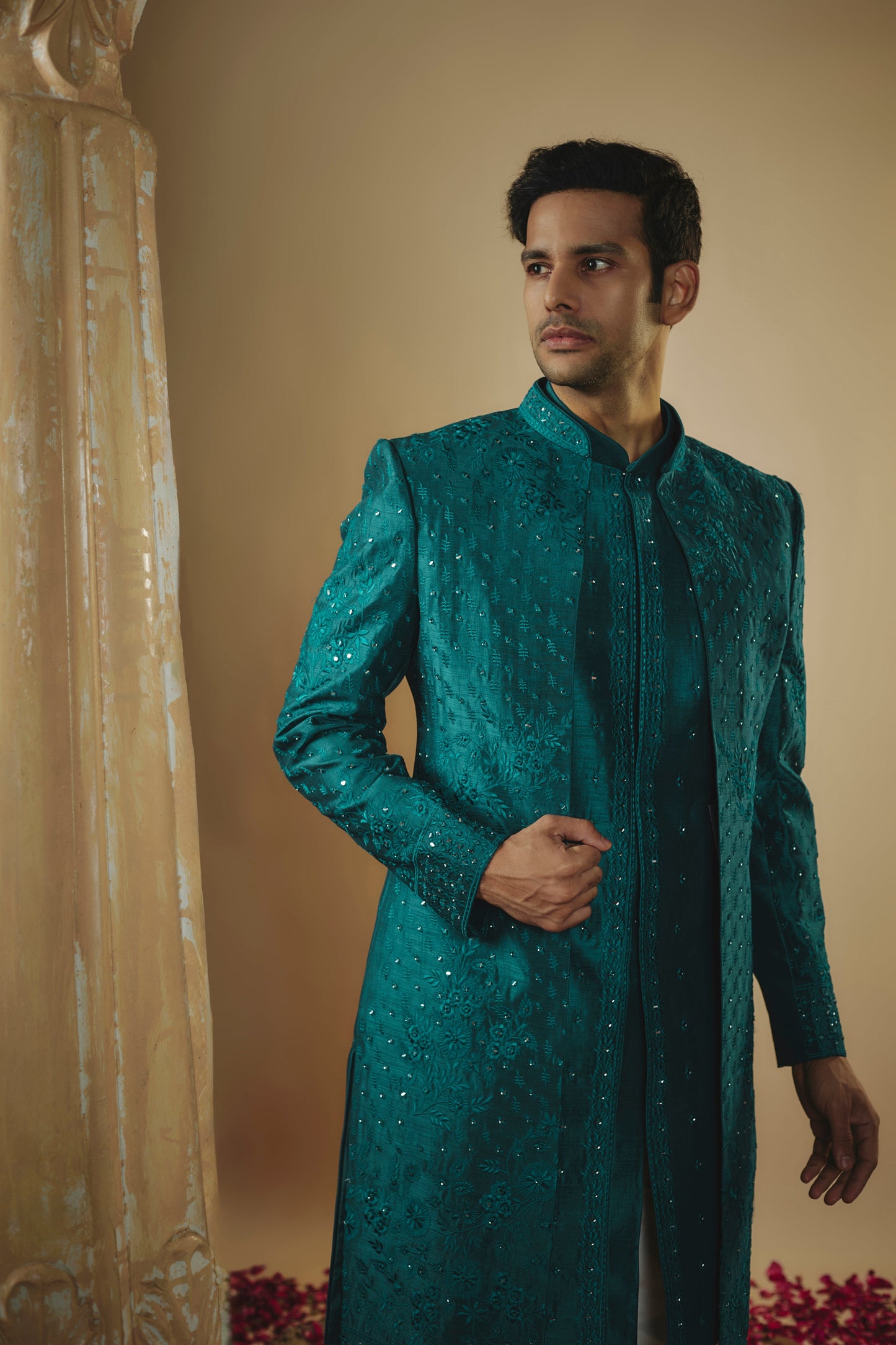 Teal blue art silk mirror embellised open-indowestern set