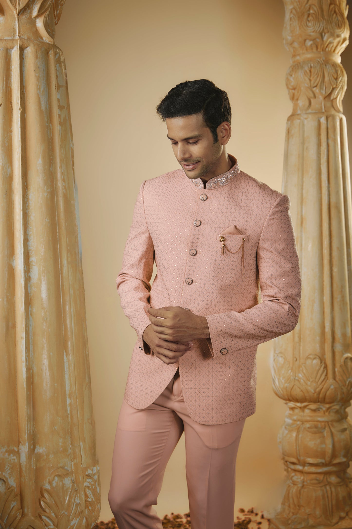 Imported nude pink sequinned jodhpuri set