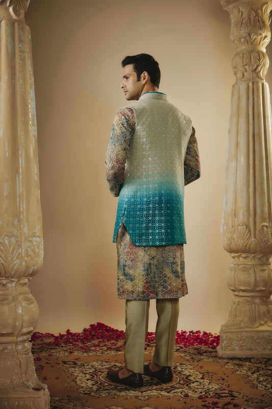 Skycream Multicoloured lucknowi digital print sequinned open  kurta jacket set