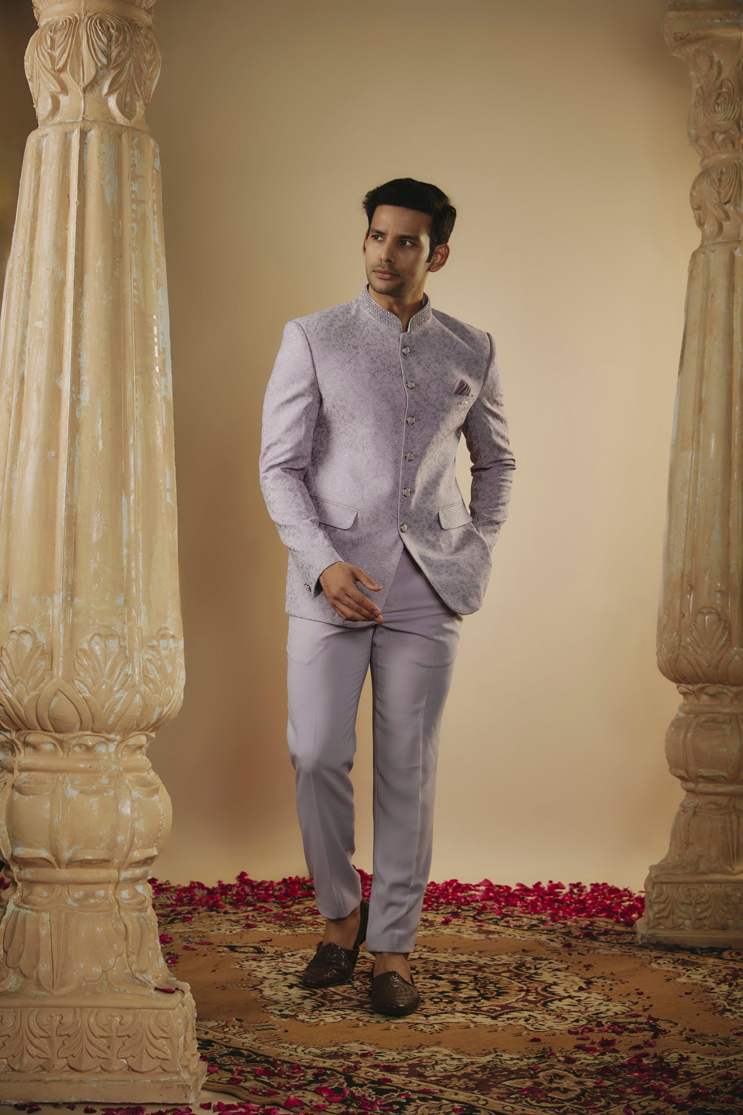 Pale mauve imported jacquard resham work jodhpuri set