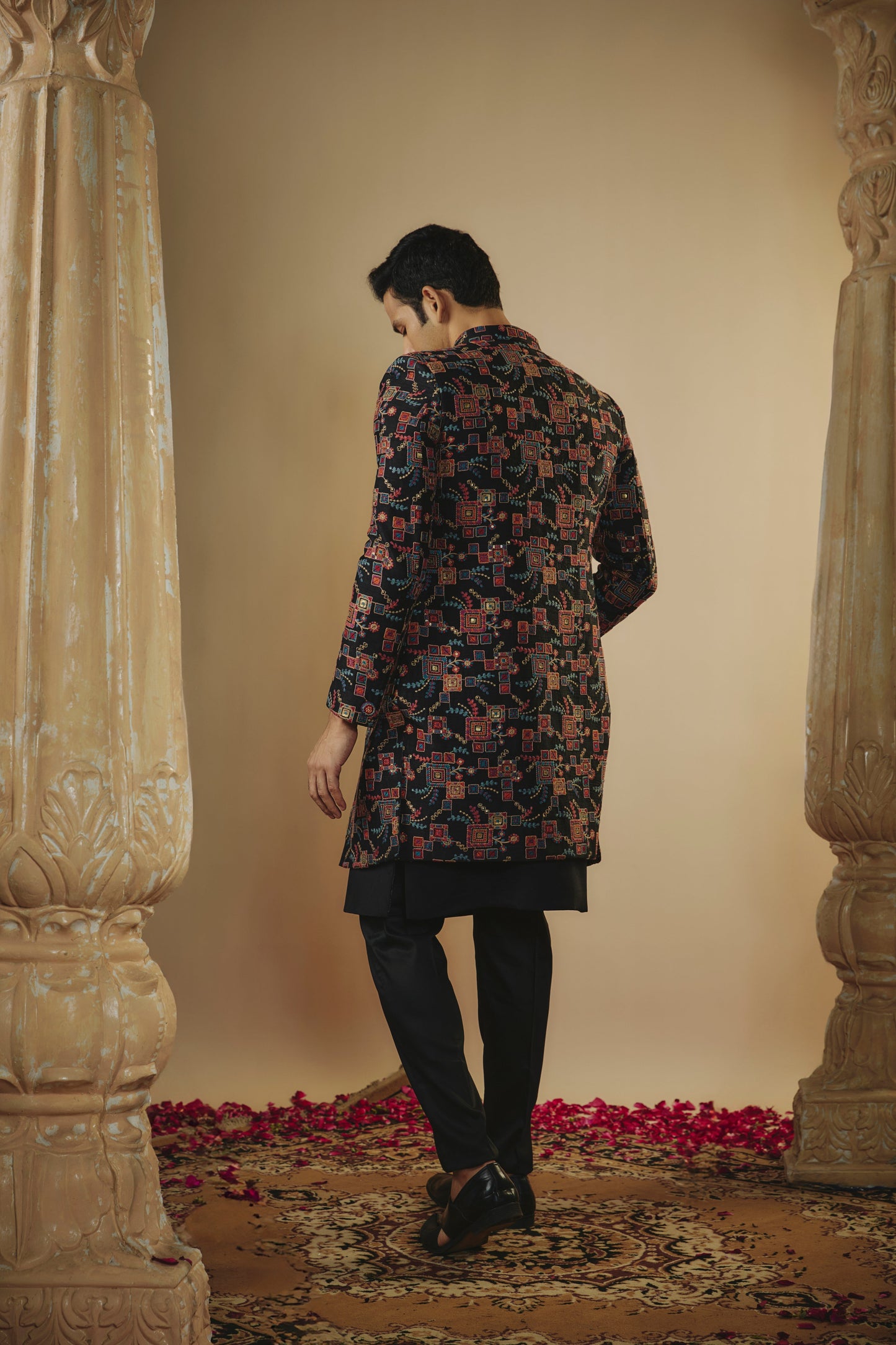 Onyx black plain imported resham embroidered open-indowestern set