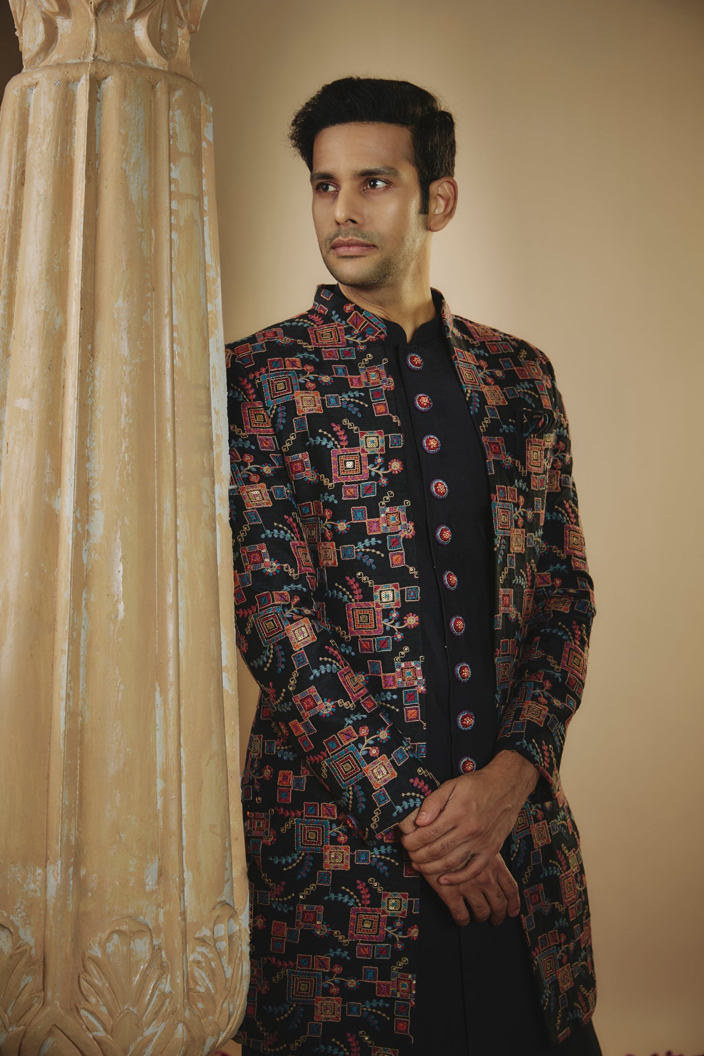 Onyx black plain imported resham embroidered open-indowestern set
