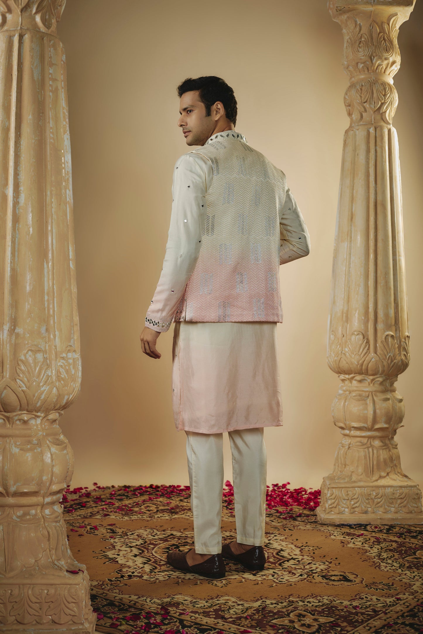 White pink ombre lucknowi art silk mirror embellished kurta jacket set