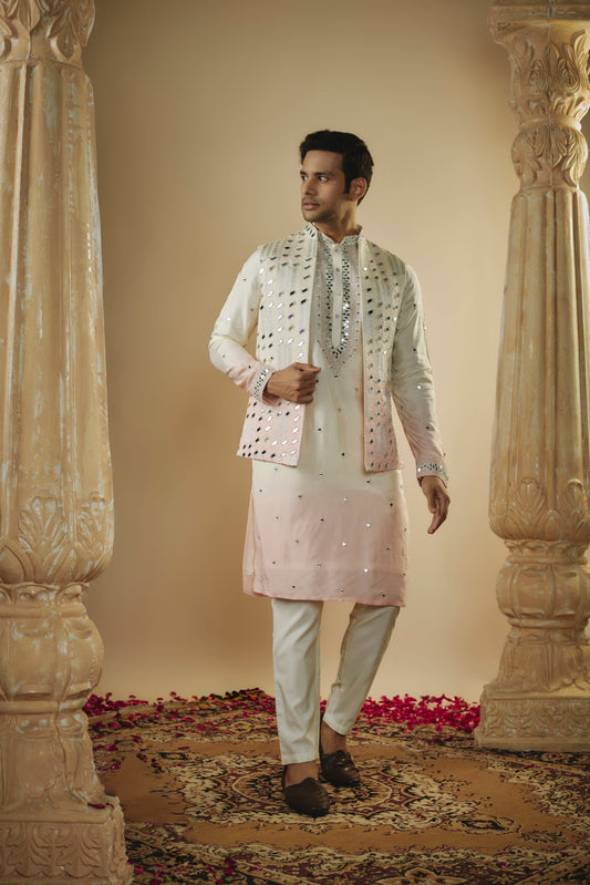 White pink ombre lucknowi art silk mirror embellished kurta jacket set
