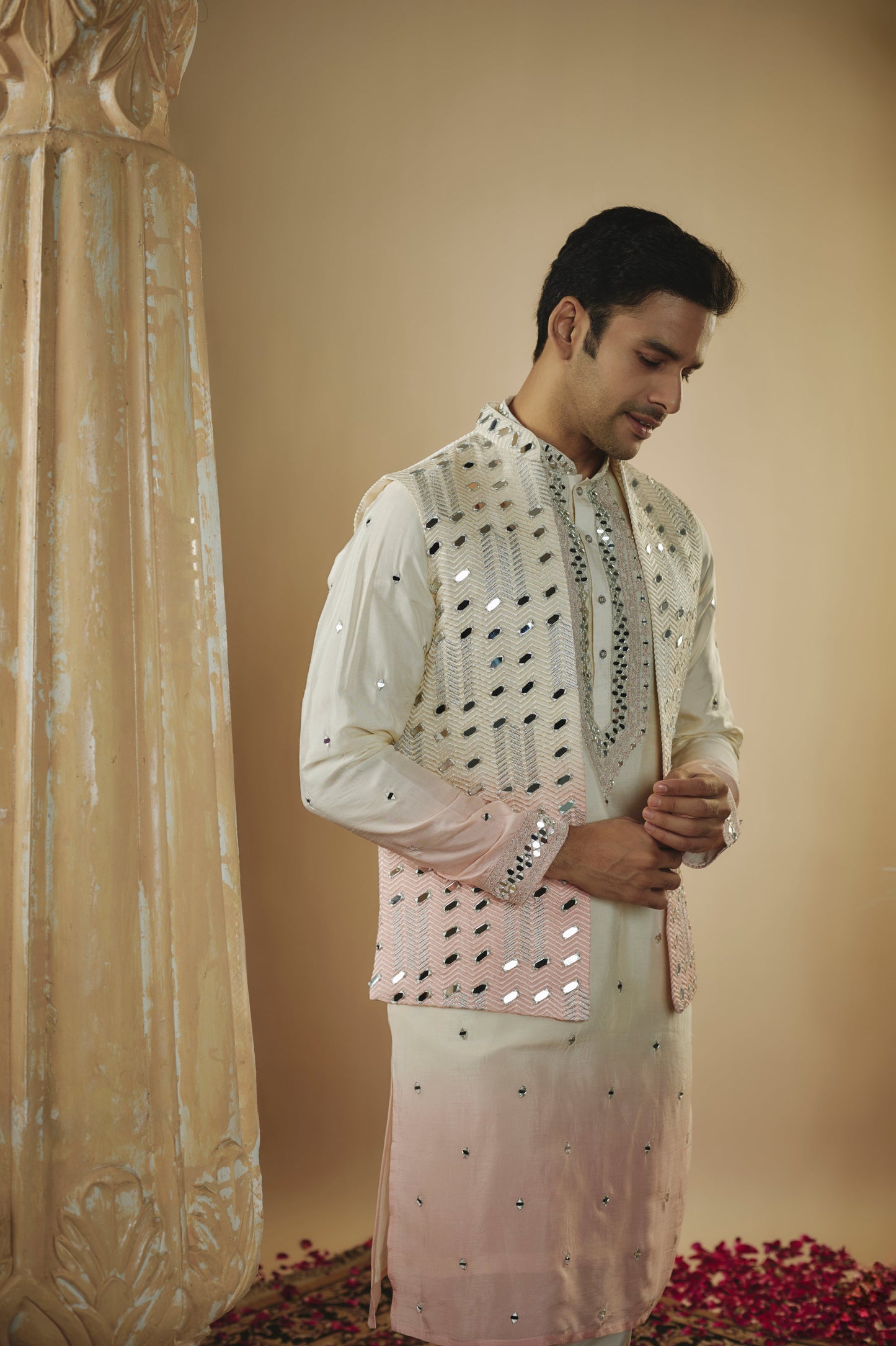 White pink ombre lucknowi art silk mirror embellished kurta jacket set