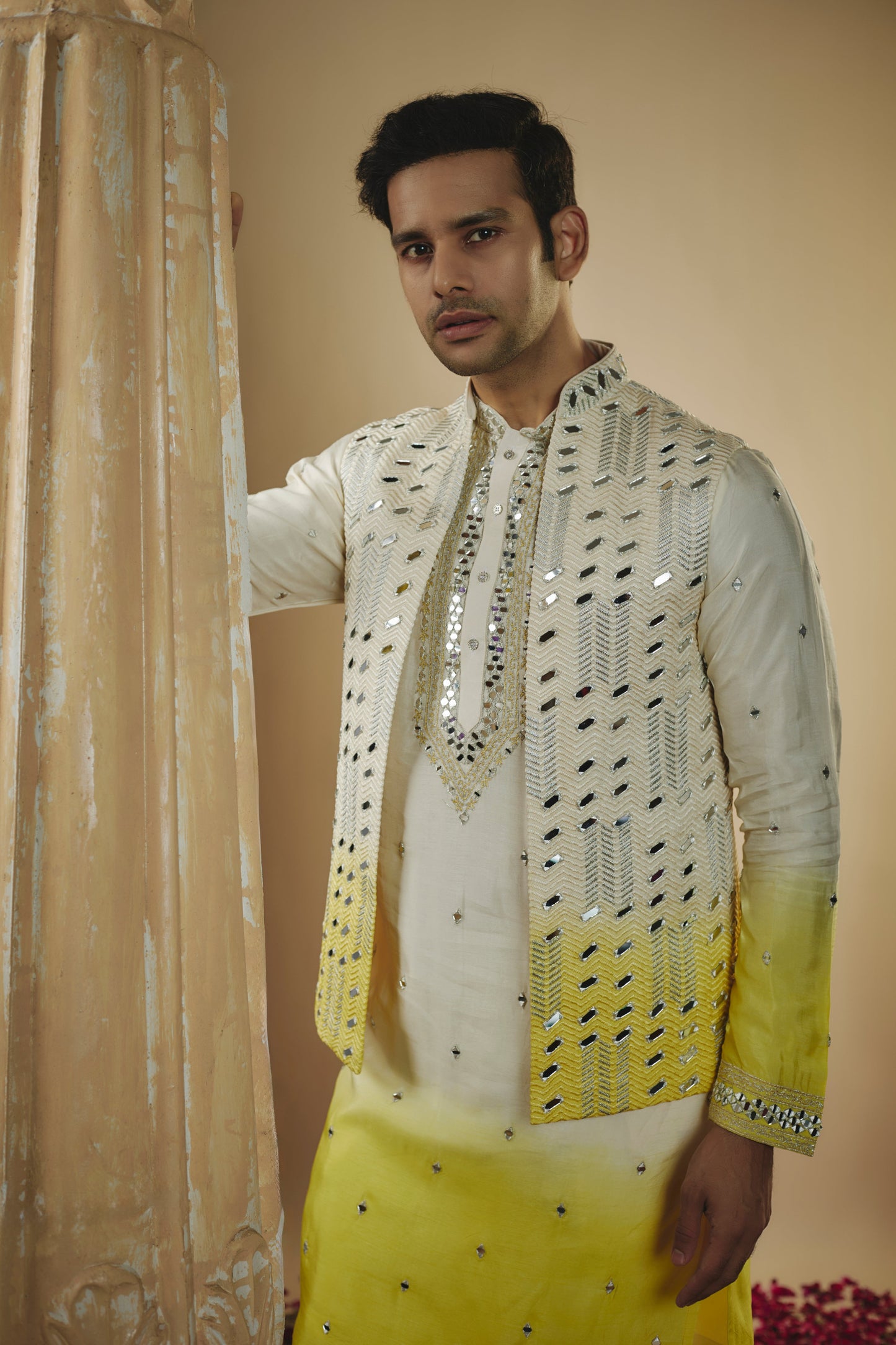 White yellow ombre lucknowi art silk mirror embellished kurta jacket set