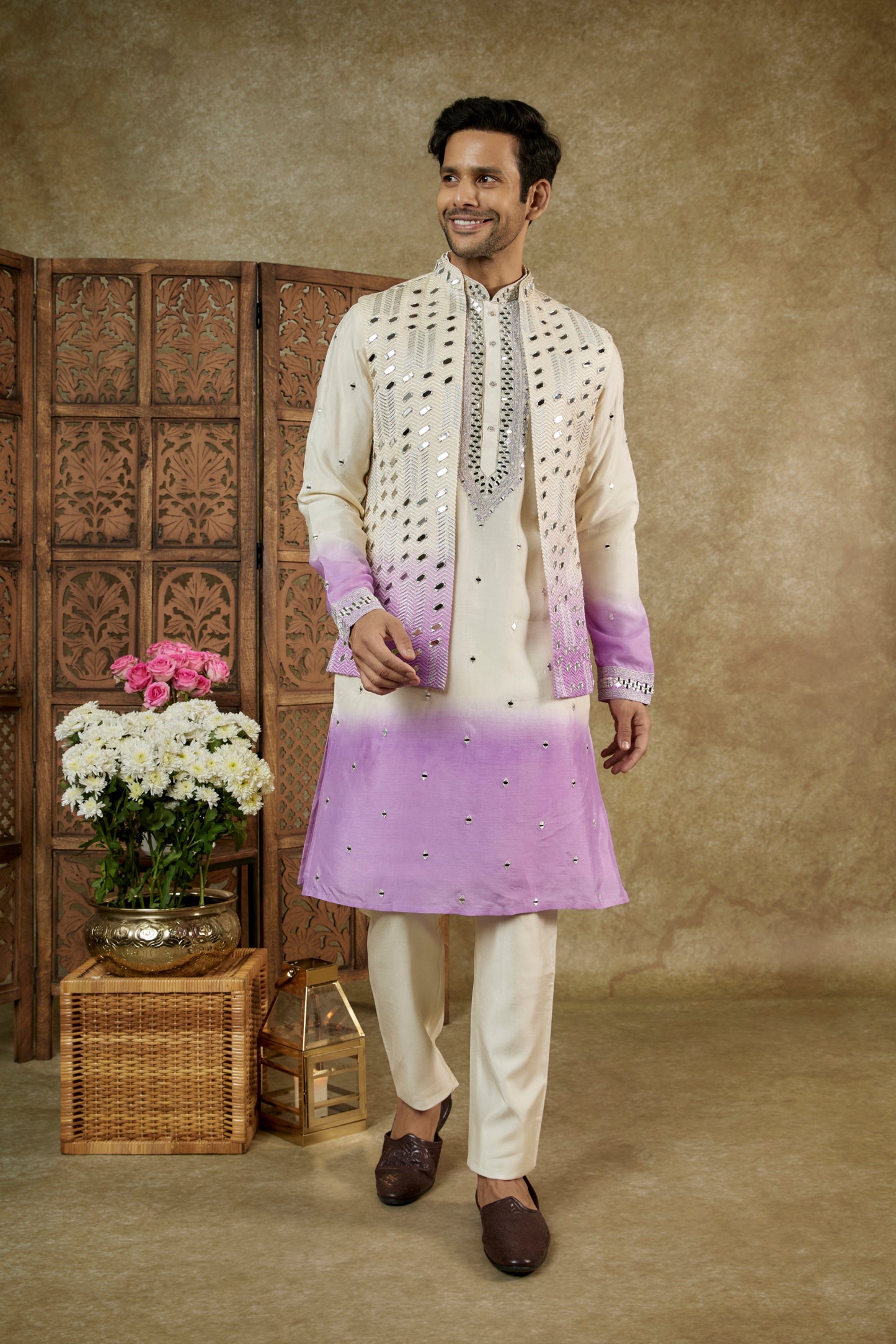 OMBRE CREAM LILAC MIRROR EMBELLISHED LUCKNOWI SILK KURTA JACKET SET