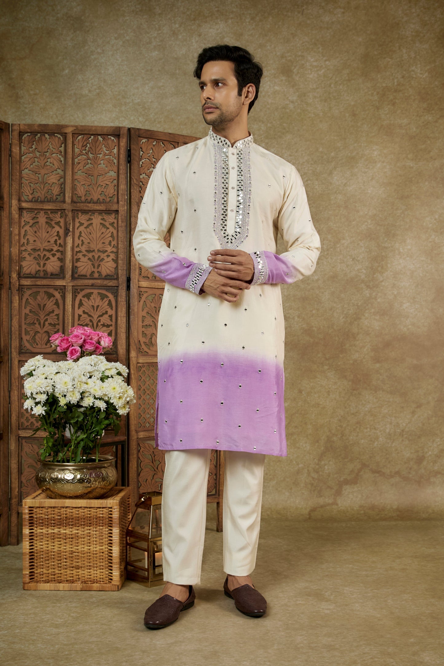 OMBRE CREAM LILAC MIRROR EMBELLISHED LUCKNOWI SILK KURTA JACKET SET