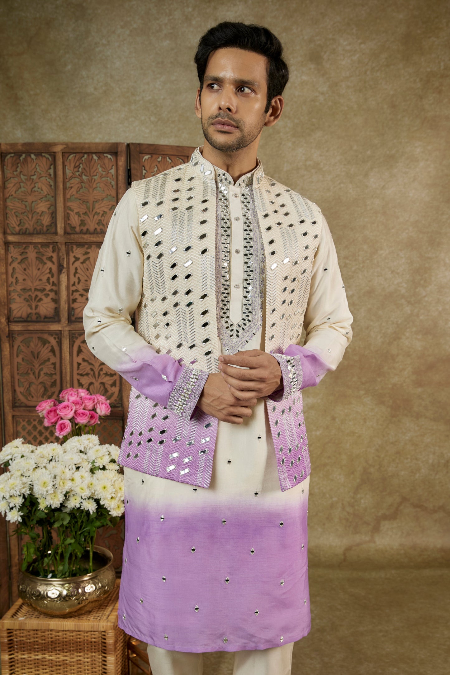 OMBRE CREAM LILAC MIRROR EMBELLISHED LUCKNOWI SILK KURTA JACKET SET
