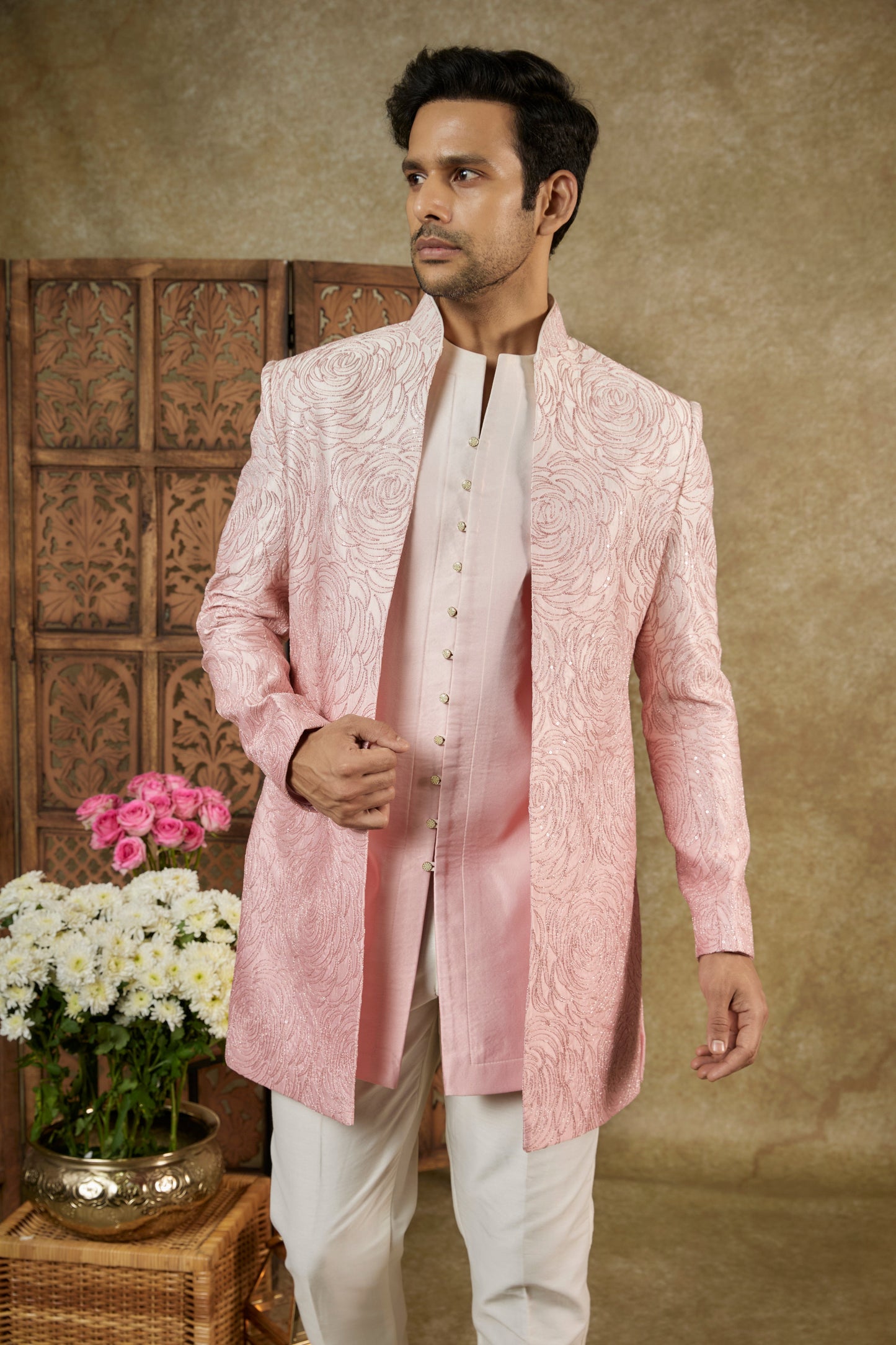OMBRE ROSE WHITE SHARTING SILK OPEN INDOWESTERN SET WITH DORI WORK