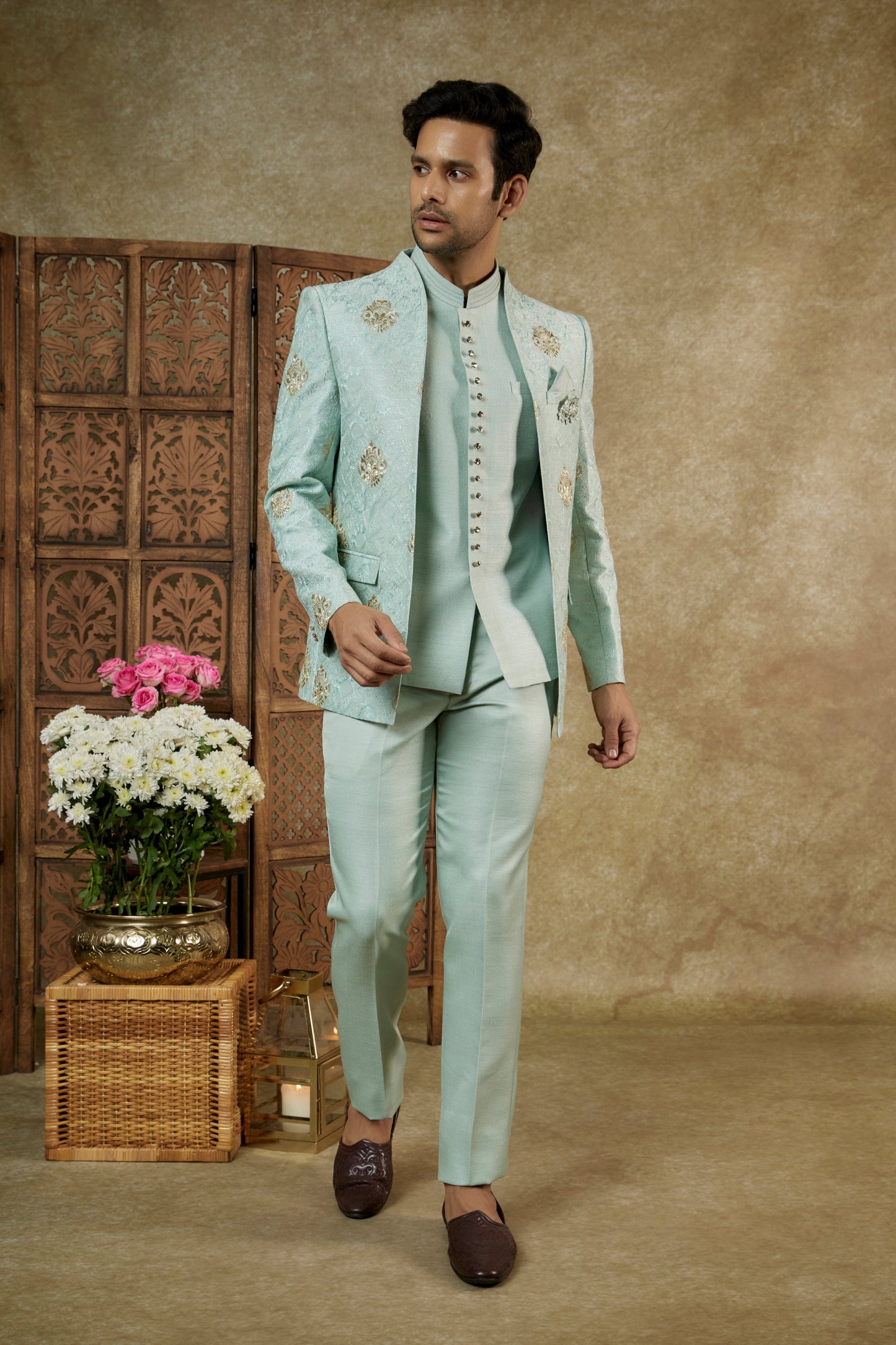 PISTACHIO GREEN JACQUARD OPEN JODHPURI SET