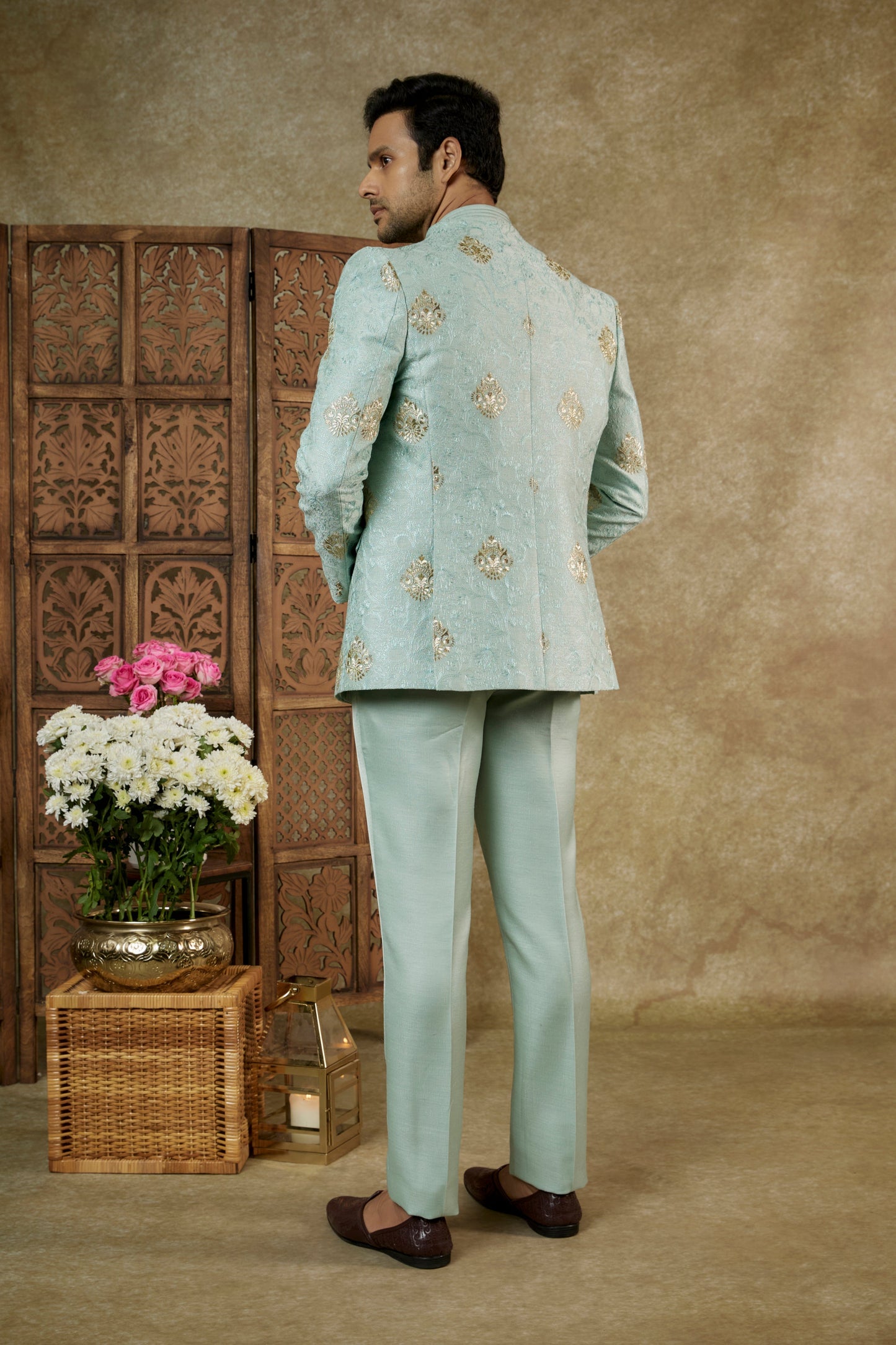 PISTACHIO GREEN JACQUARD OPEN JODHPURI SET